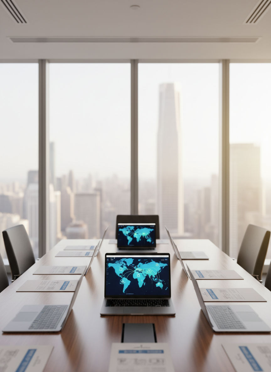 A large glass-walled conference room in a modern corporate high-rise, its centerpiece a polished walnut table covered with neatly arranged bilingual documents, open laptops displaying multilingual interfaces, and a central digital world map on a sleek screen. Subtle icons and color-coded lines connect major global cities, hinting at international communication without any text. Soft daylight filters through floor-to-ceiling windows, creating gentle reflections on the tabletop and a calm, professional ambiance. Shot at eye level with photographic realism, the composition follows the rule of thirds, keeping the technology and documents in crisp focus while the city skyline beyond is softly blurred, conveying trust, precision, and global business translation expertise.