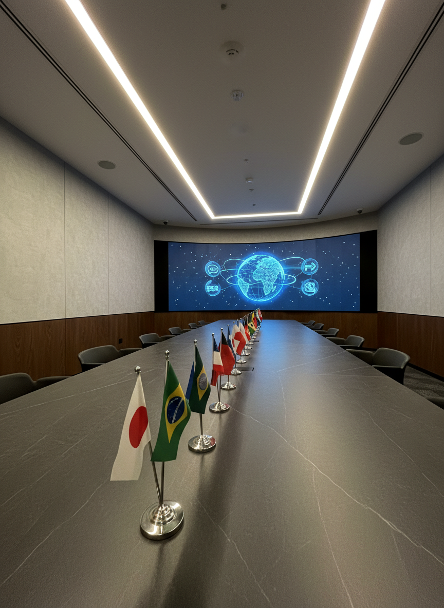 A minimalist boardroom featuring a long, anthracite-colored conference table with small national flag markers arranged along the centerline, symbolizing diverse markets without showing any people. At one end, an ultra-wide display shows a stylized globe with animated connection arcs and icons representing translation, interpretation, and localization, but no readable words. Warm, indirect ceiling lighting casts soft, even illumination, enhancing the room’s matte finishes and subtle wood accents. Captured from a low, slightly diagonal perspective in photographic realism, the composition leads the eye from the foreground flags to the glowing screen, creating a focused, trustworthy mood that reflects high-level corporate language strategy and global communication planning.